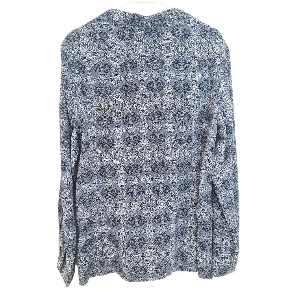 Liz Claiborne Silk Blouse Sz 14 Boho Print Long Sleeve Top Button Blue Office - Picture 2 of 8